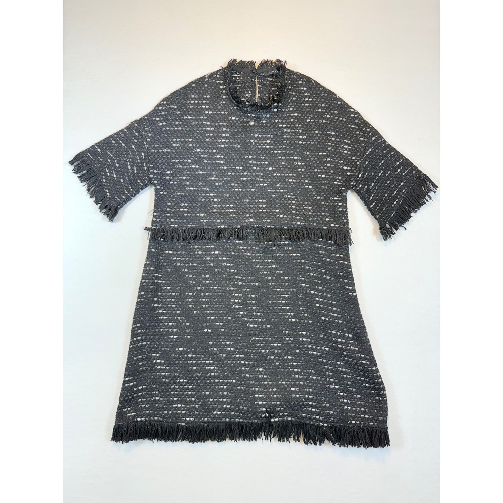 Zara Woman Tweed Fringed Mini Dress Black and White Size L